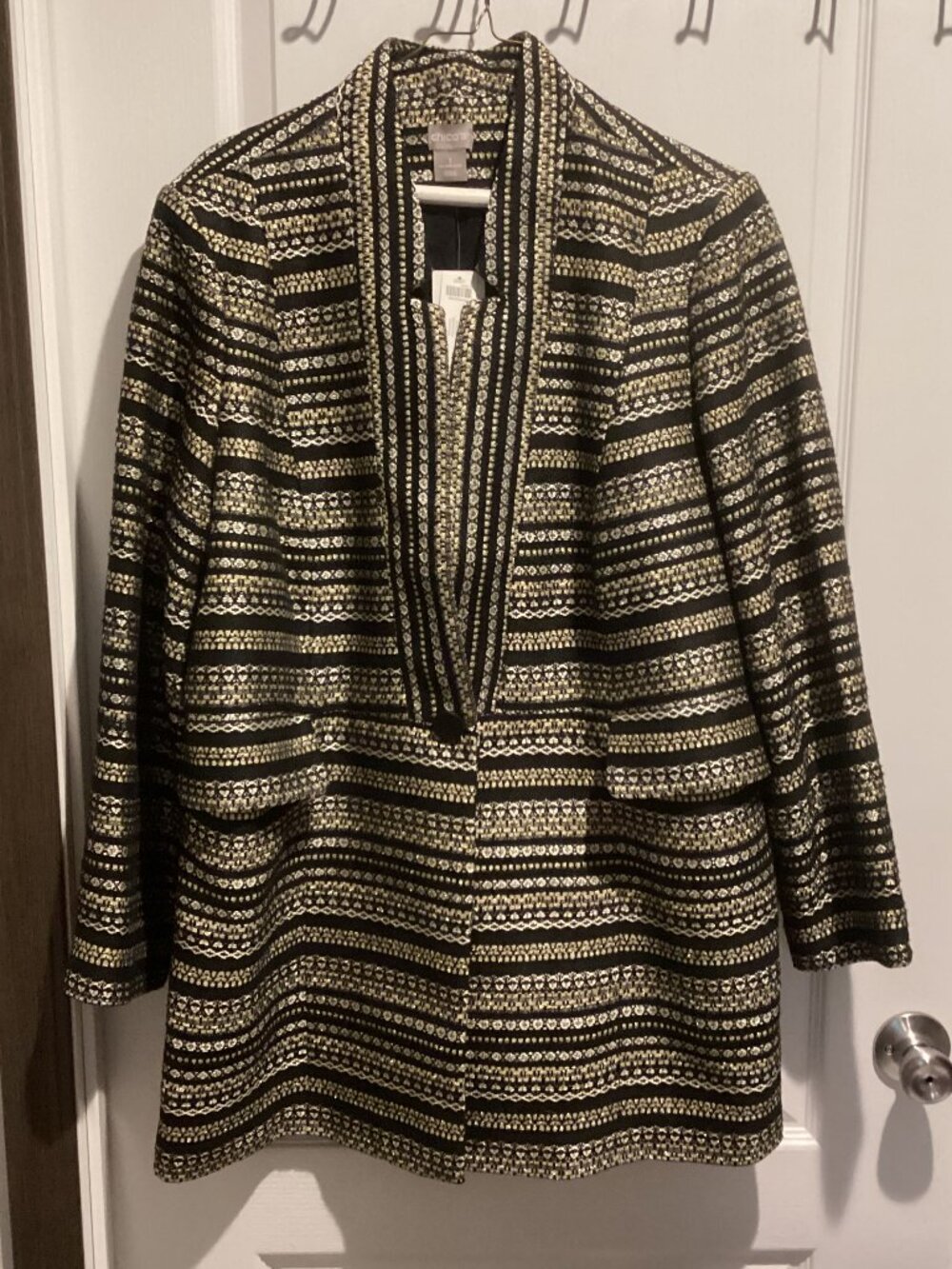 NWT Women's Chico's "Topper" Striped LS Black/Gold Jacket - Chico's Size 3